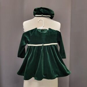 Vintage 90s y2k Rose Cottage Baby Dress Green Velvet Holiday Beret Hat 6-9 Mo